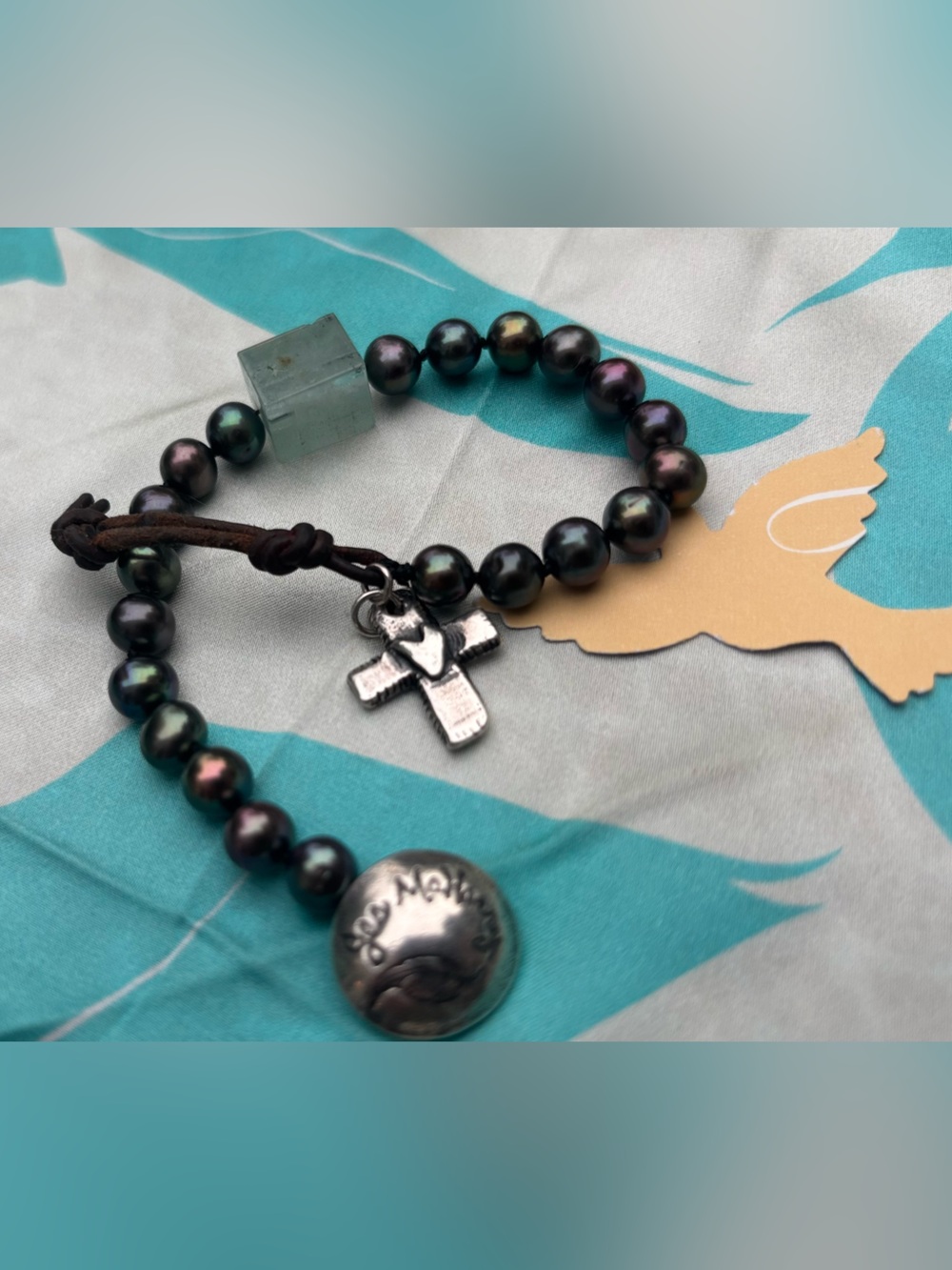 Jes Maharry Haitian Pearl Beaded Bracelet with Cross & Aquamarine Charm